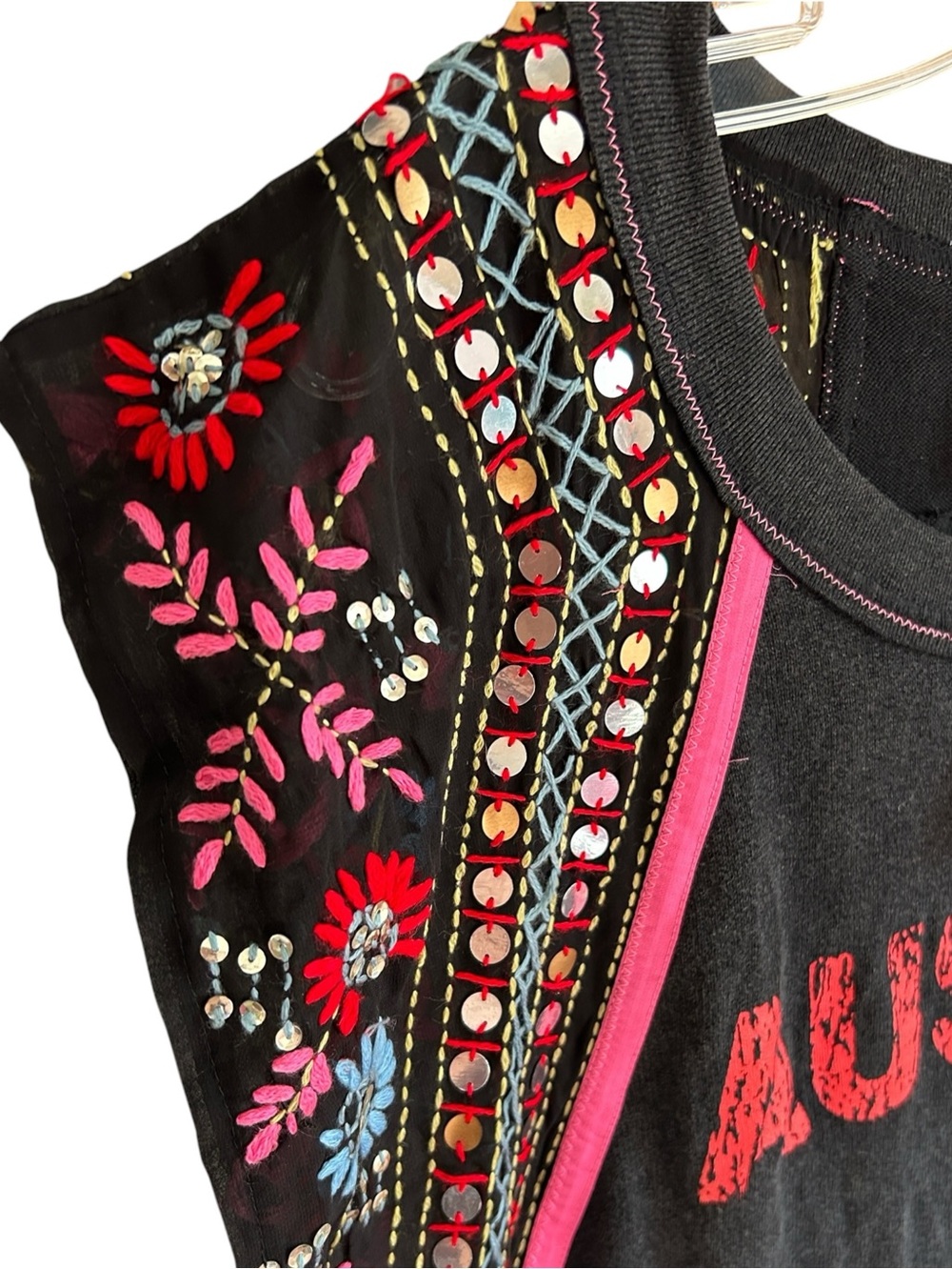 Free People x We The Free Washed Black Summer Nights Sequined AUSTIN 43 Tee LG - Picture 4 of 10